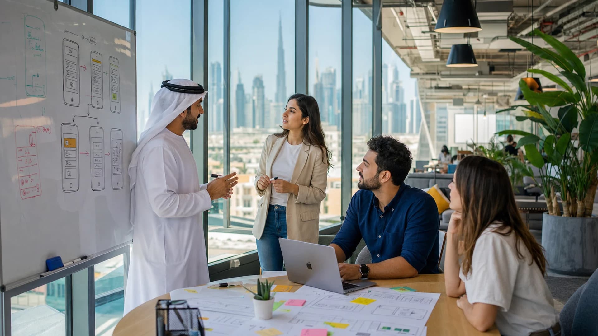 Fintech app product concept with banking interface and Dubai skyline