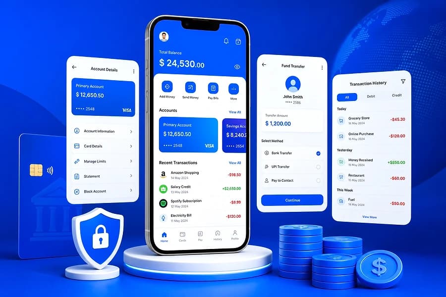 Digital banking app with account management fund transfers and transaction monitoring