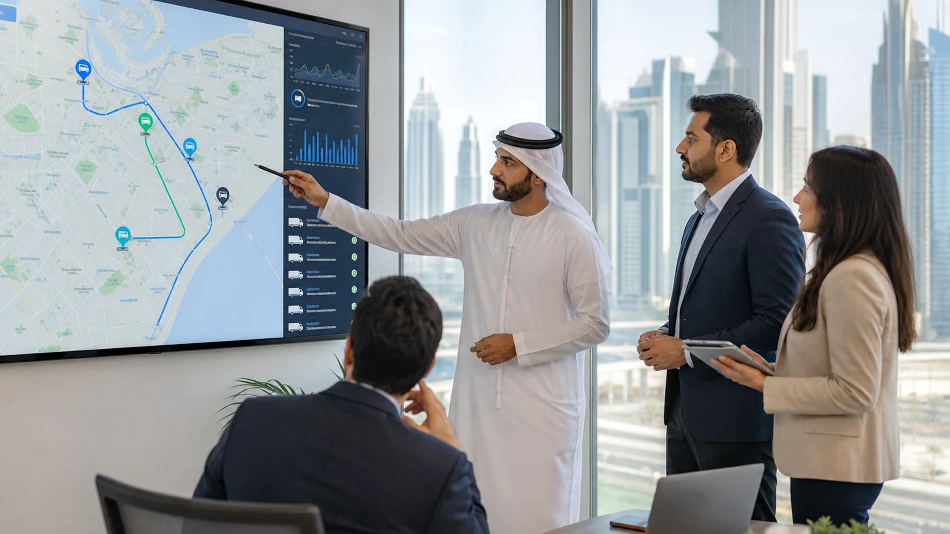 Dubai logistics technology team collaborating on a fuel delivery app with fleet management and fuel distribution operations