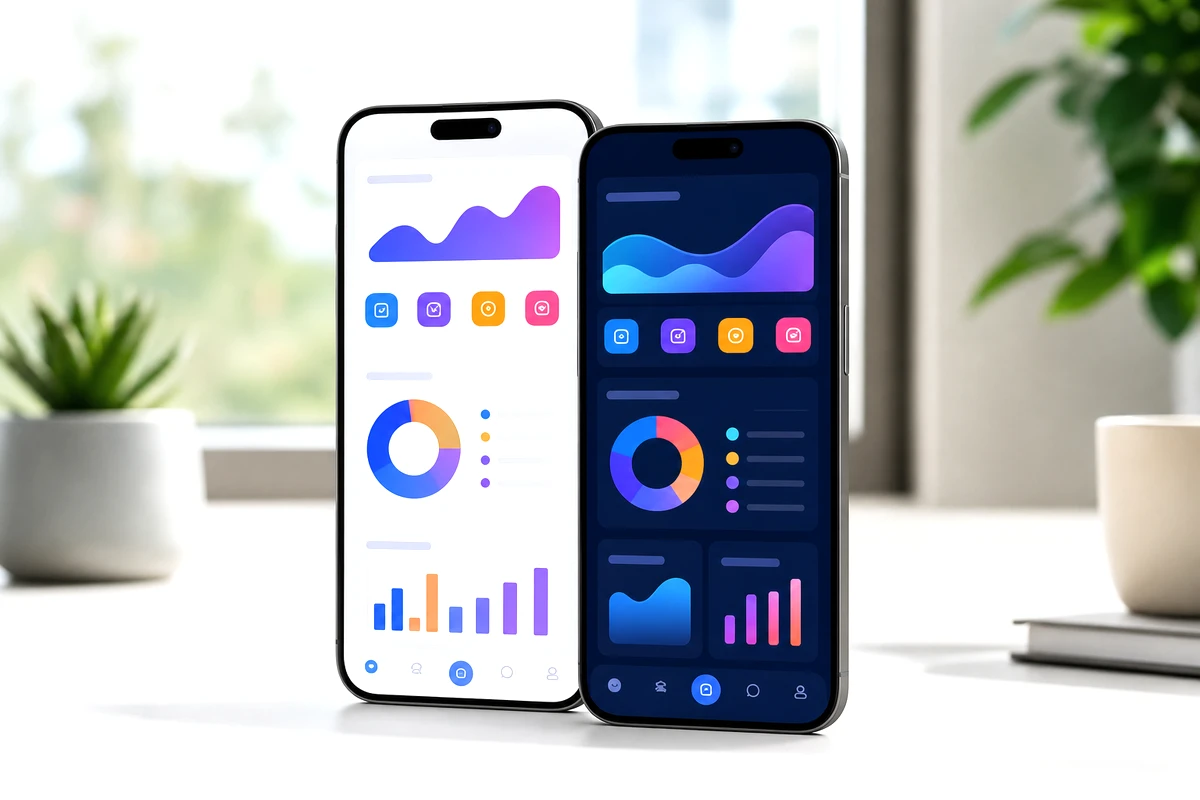 Mobile app development with smartphones showing abstract app interface layouts