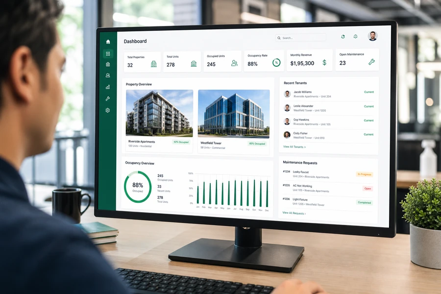 Custom property management software for residential commercial industrial and mixed use real estate portfolios