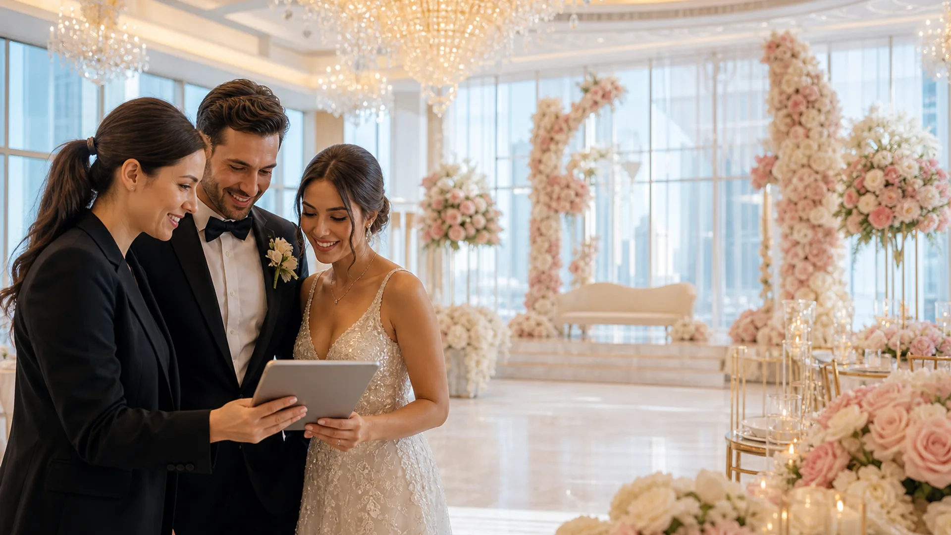 Bright elegant Dubai wedding venue with wedding planner app on smartphone showing vendor and guest management